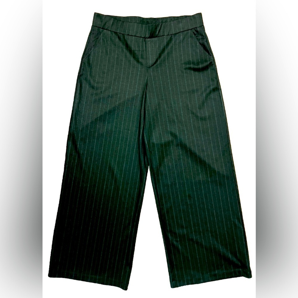 Adrienne Landau Onyx Trousers Size Large Black Pin Stripes Comfort Wide Leg NWT